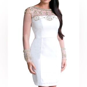 Minuet Ivory white fitted midi Dress‎ sheer long sleeve gold beaded rhinestone